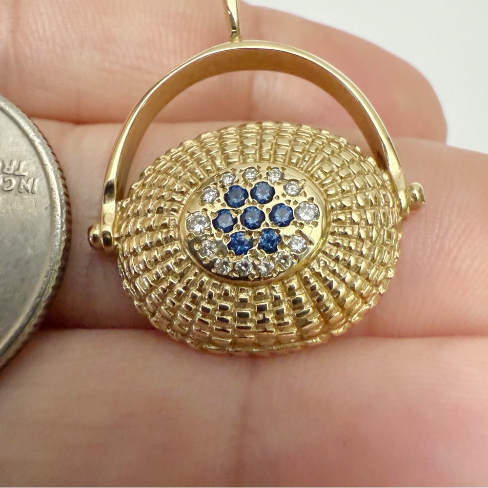 M&D Fine Jewelry 14k Gold Nantucket Basket Blueberries Sapphire Diamond Pendant - Picture 3 of 8
